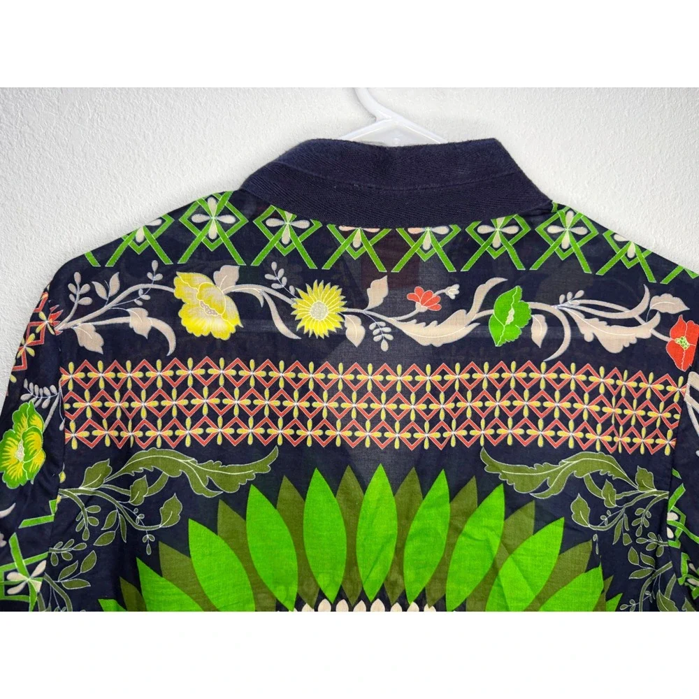 Tory Burch Women Sz 12 Navy Green Floral Medallion Tunic Side Zip Cotton Top